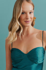 Vestido Longo de Cetim com Decote Coração Franzido - Croácia Petroleo