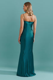 Vestido Longo de Cetim com Decote Coração Franzido - Croácia Petroleo