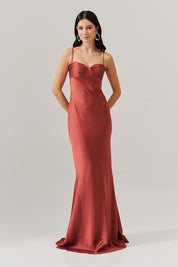 Vestido Longo de Cetim com Decote Coração Franzido - Croácia Terracota