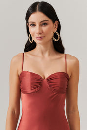 Vestido Longo de Cetim com Decote Coração Franzido - Croácia Terracota