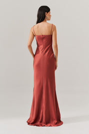 Vestido Longo de Cetim com Decote Coração Franzido - Croácia Terracota