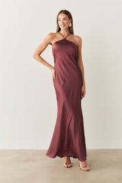 Vestido Long Midi de Cetim com Decote Triangular e Amarração nas Costas - Capri Marsala