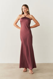 Vestido Long Midi de Cetim com Decote Triangular e Amarração nas Costas - Capri Marsala