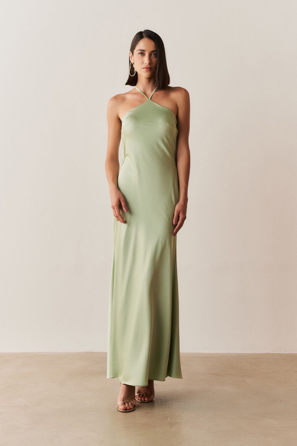 Vestido Long Midi de Cetim com Decote Triangular e Amarração nas Costas - Capri Menta