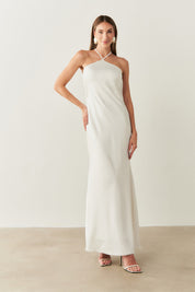 Vestido Long Midi de Cetim com Decote Triangular e Amarração nas Costas - Capri Off White