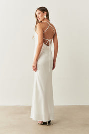 Vestido Long Midi de Cetim com Decote Triangular e Amarração nas Costas - Capri Off White