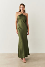 Vestido Long Midi de Cetim com Decote Triangular e Amarração nas Costas - Capri Oliva