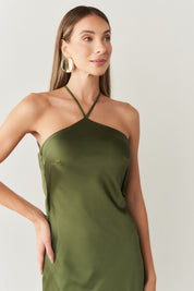 Vestido Long Midi de Cetim com Decote Triangular e Amarração nas Costas - Capri Oliva