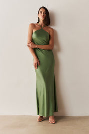 Vestido Long Midi de Cetim com Decote Triangular e Amarração nas Costas - Capri Verde Matcha