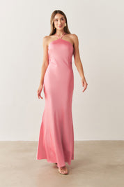 Vestido Long Midi de Cetim com Decote Triangular e Amarração nas Costas - Capri Rosa