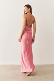 Vestido Long Midi de Cetim com Decote Triangular e Amarração nas Costas - Capri Rosa