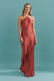 Vestido Long Midi de Cetim com Decote Triangular e Amarração nas Costas - Capri Terracota