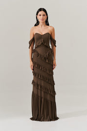 Vestido Longo Decote Coração com Recortes de Babado - Mendoza Mocha