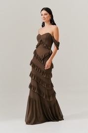 Vestido Longo Decote Coração com Recortes de Babado - Mendoza Mocha