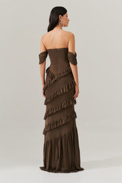 Vestido Longo Decote Coração com Recortes de Babado - Mendoza Mocha