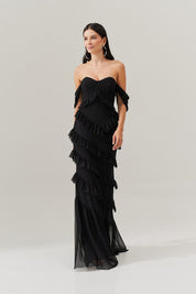 Vestido Longo Decote Coração com Recortes de Babado - Mendoza Preto