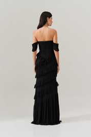 Vestido Longo Decote Coração com Recortes de Babado - Mendoza Preto