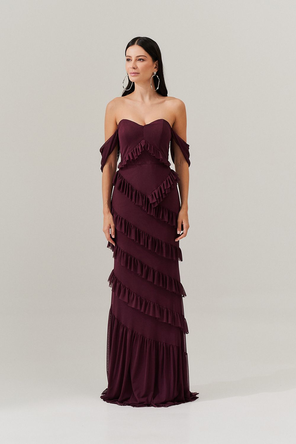 Vestido Longo Decote Coração com Recortes de Babado - Mendoza Roxo Beringela