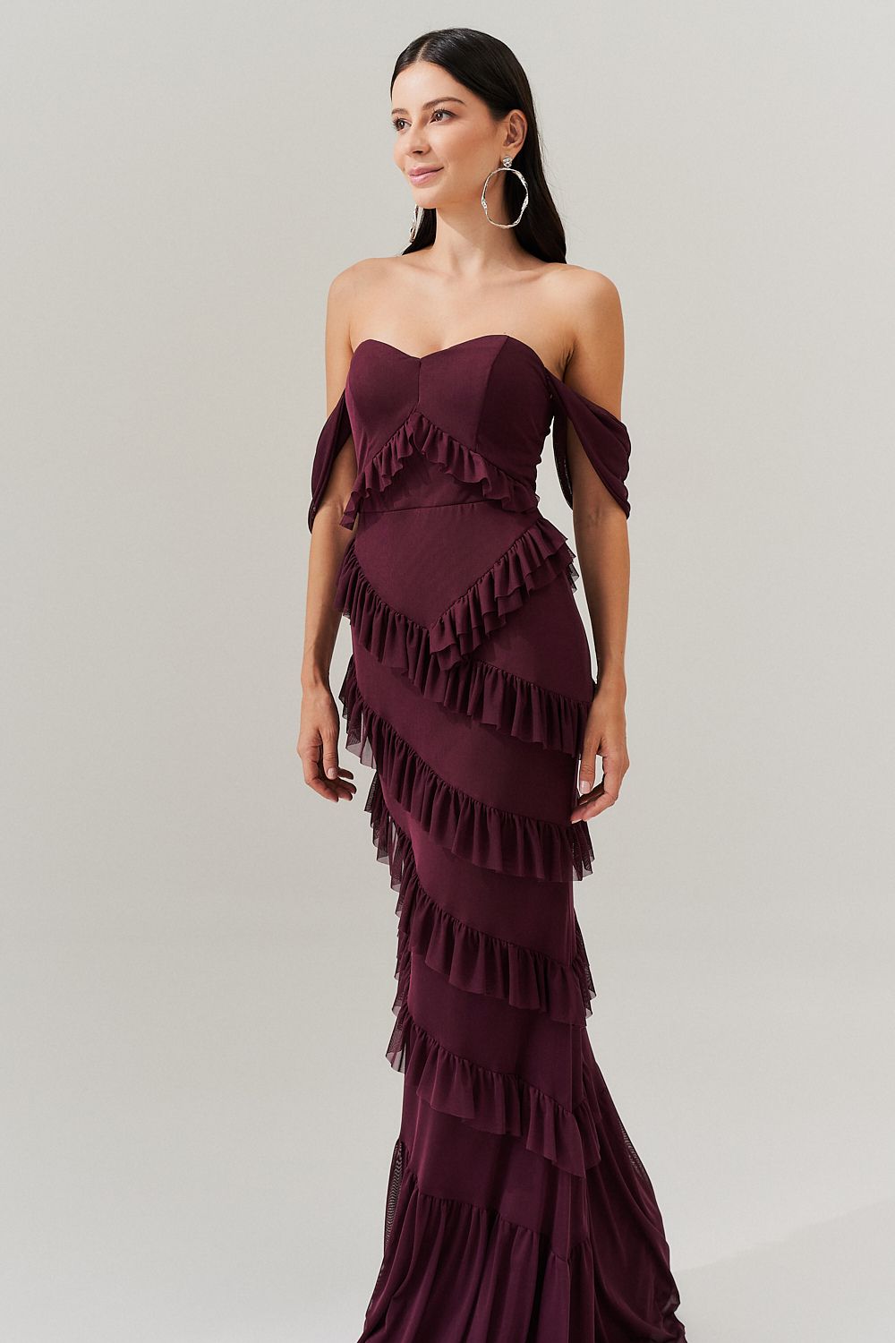 Vestido Longo Decote Coração com Recortes de Babado - Mendoza Roxo Beringela