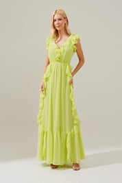 Vestido Longo Decote V com Babados no Decote, Manga e Saia - Bruma Lima