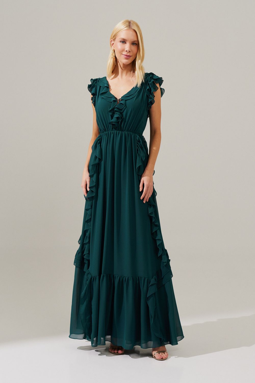 Vestido Longo Decote V com Babados no Decote, Manga e Saia - Bruma Petróleo