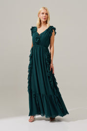 Vestido Longo Decote V com Babados no Decote, Manga e Saia - Bruma Petróleo
