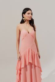 Vestido Longo Decote V e Saia Assimétrica com Babados - Monte Negro Coral