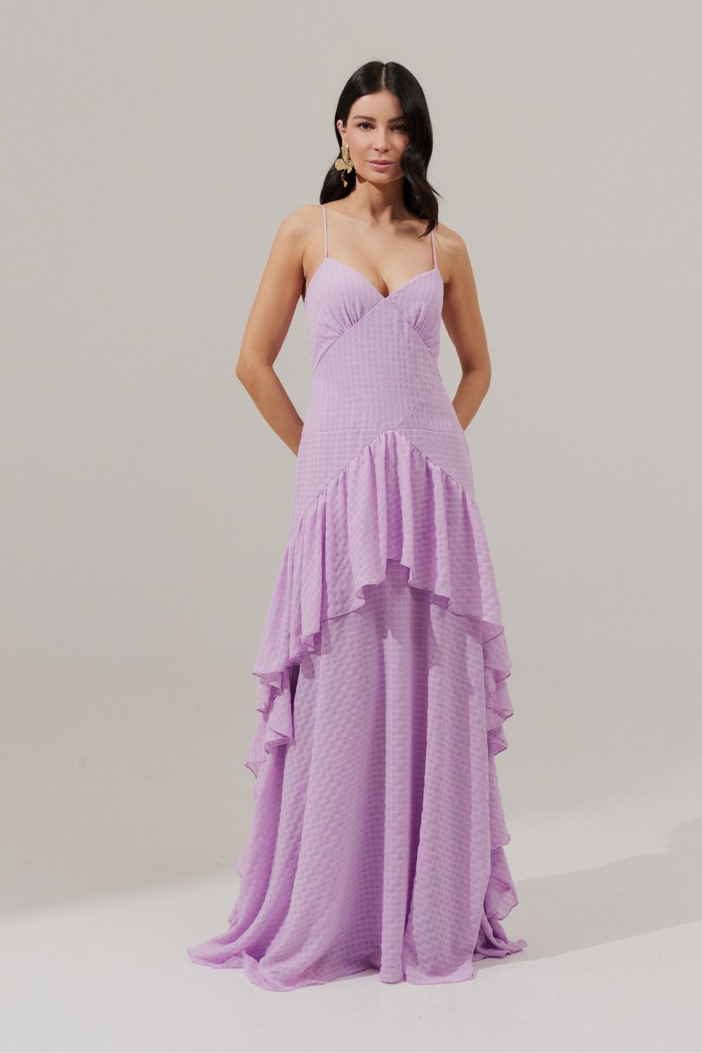 Vestido Longo Decote V e Saia Assimétrica com Babados - Monte Negro Lilás