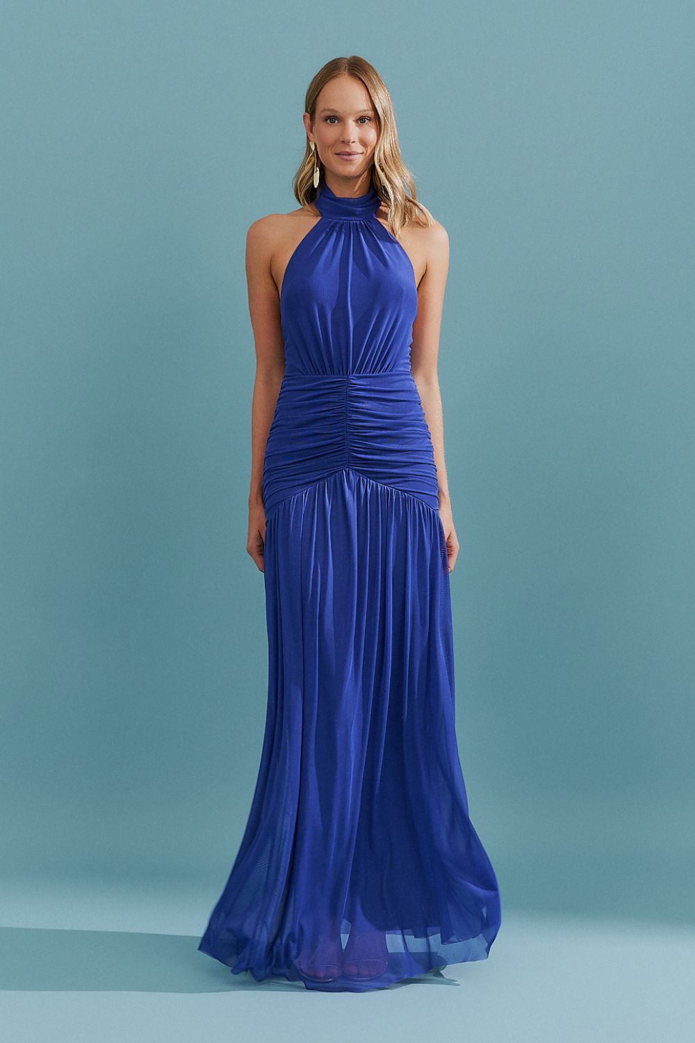 Vestido Longo Frente Única com Gola Franzida e Detalhe Drapeado na Saia - Pisa Azul Bic