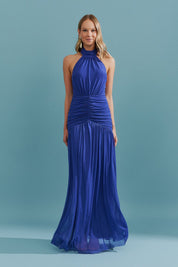 Vestido Longo Frente Única com Gola Franzida e Detalhe Drapeado na Saia - Pisa Azul Bic