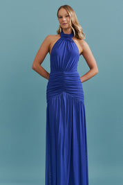 Vestido Longo Frente Única com Gola Franzida e Detalhe Drapeado na Saia - Pisa Azul Bic