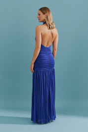 Vestido Longo Frente Única com Gola Franzida e Detalhe Drapeado na Saia - Pisa Azul Bic