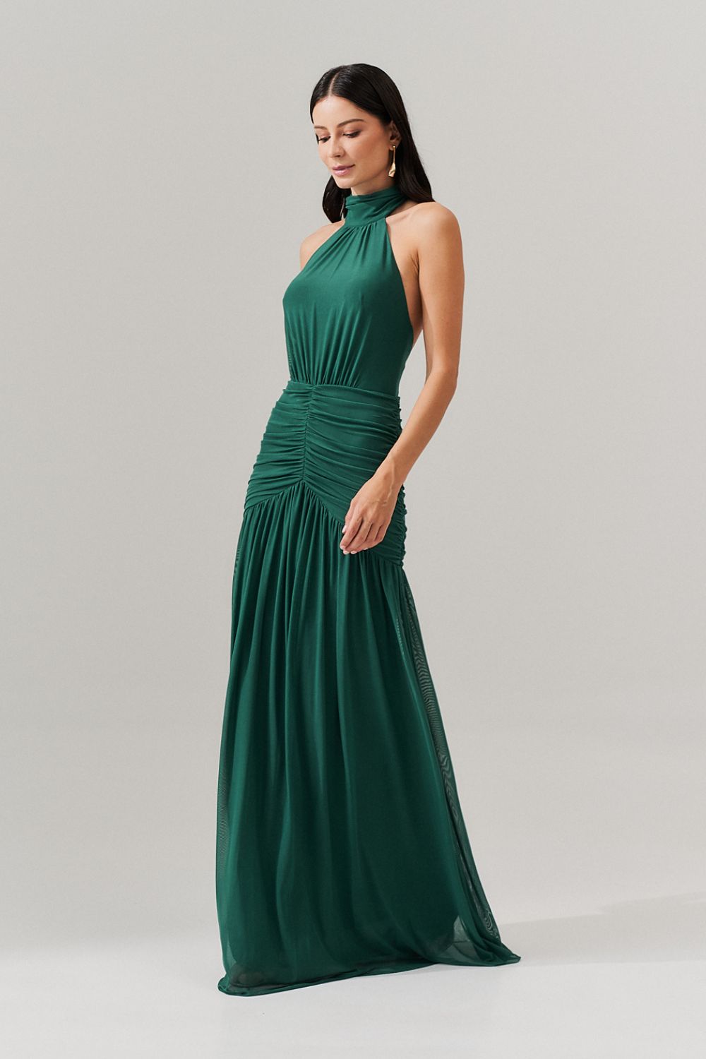 Vestido Longo Frente Única com Gola Franzida e Detalhe Drapeado na Saia - Pisa Bandeira