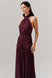 Vestido Longo Frente Única com Gola Franzida e Detalhe Drapeado na Saia - Pisa Marsala