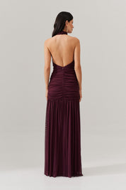 Vestido Longo Frente Única com Gola Franzida e Detalhe Drapeado na Saia - Pisa Marsala