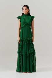 Vestido Longo Gola Alta, Recortes e Babados  - Monte Sinai Bandeira