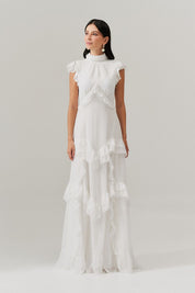 Vestido Longo Gola Alta, Recortes e Babados  - Monte Sinai Off White