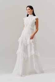 Vestido Longo Gola Alta, Recortes e Babados  - Monte Sinai Off White