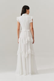 Vestido Longo Gola Alta, Recortes e Babados  - Monte Sinai Off White