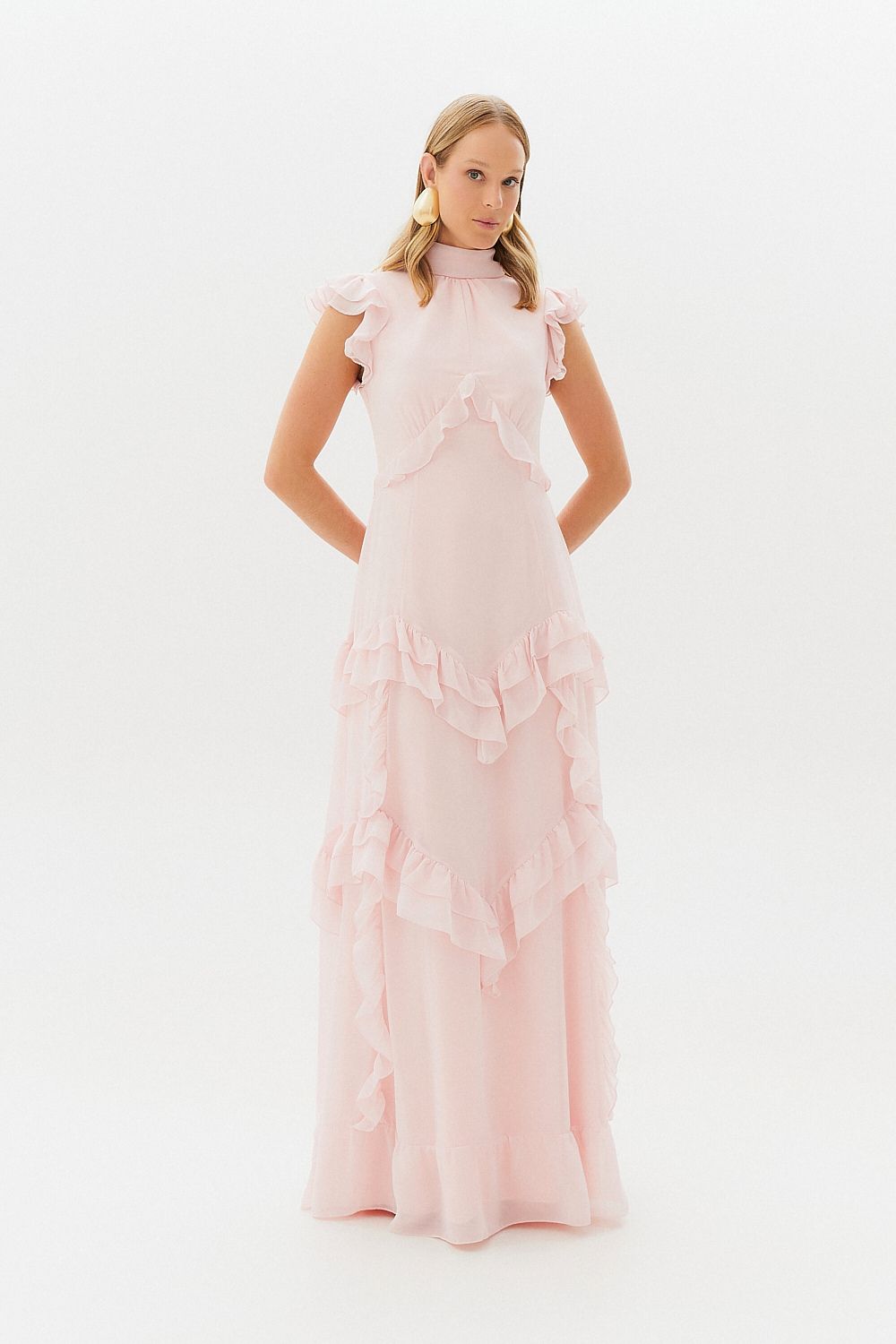 Vestido Longo Gola Alta, Recortes e Babados  - Monte Sinai Rosa