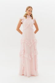 Vestido Longo Gola Alta, Recortes e Babados  - Monte Sinai Rosa