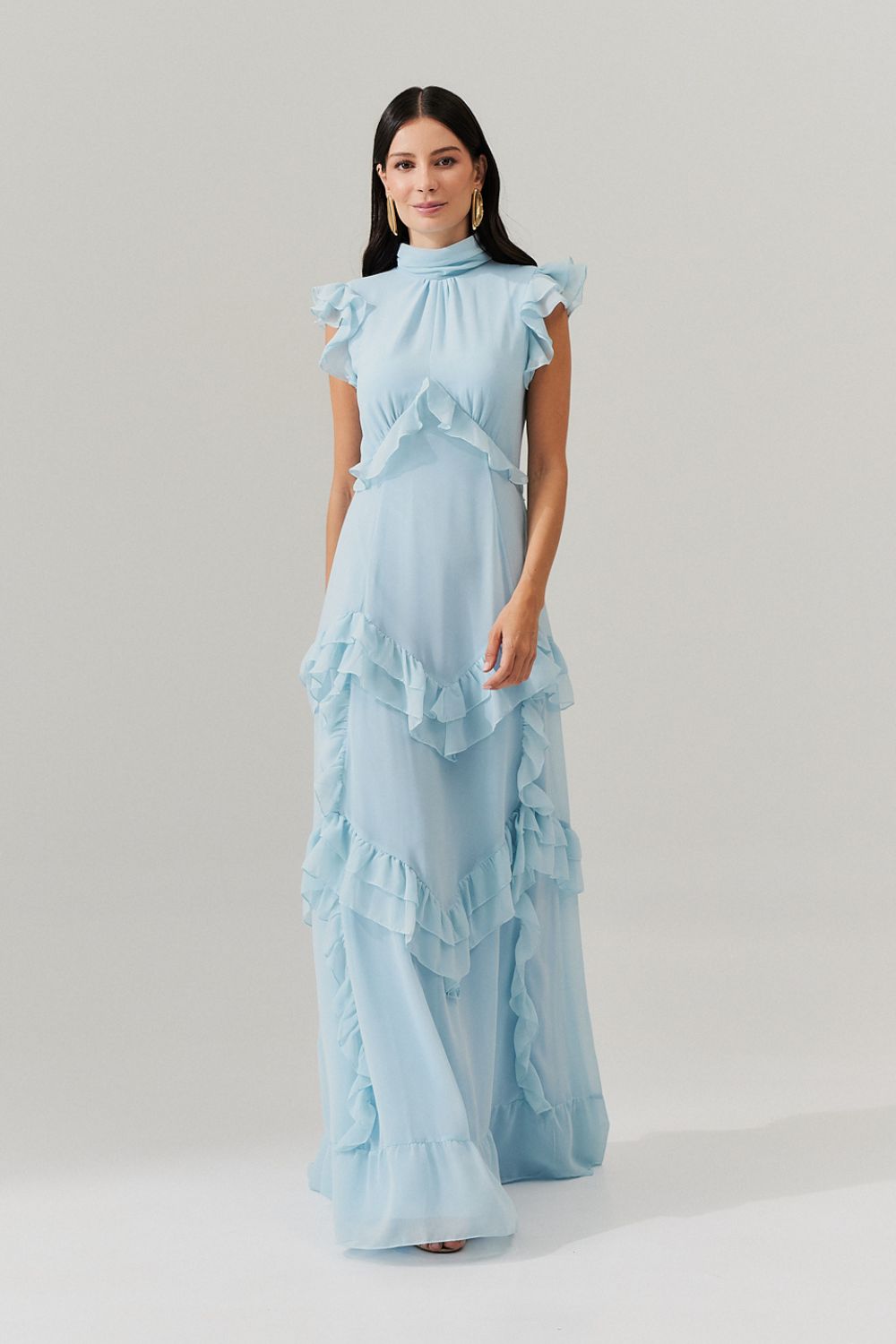 Vestido Longo Gola Alta, Recortes e Babados  - Monte Sinai Serenity