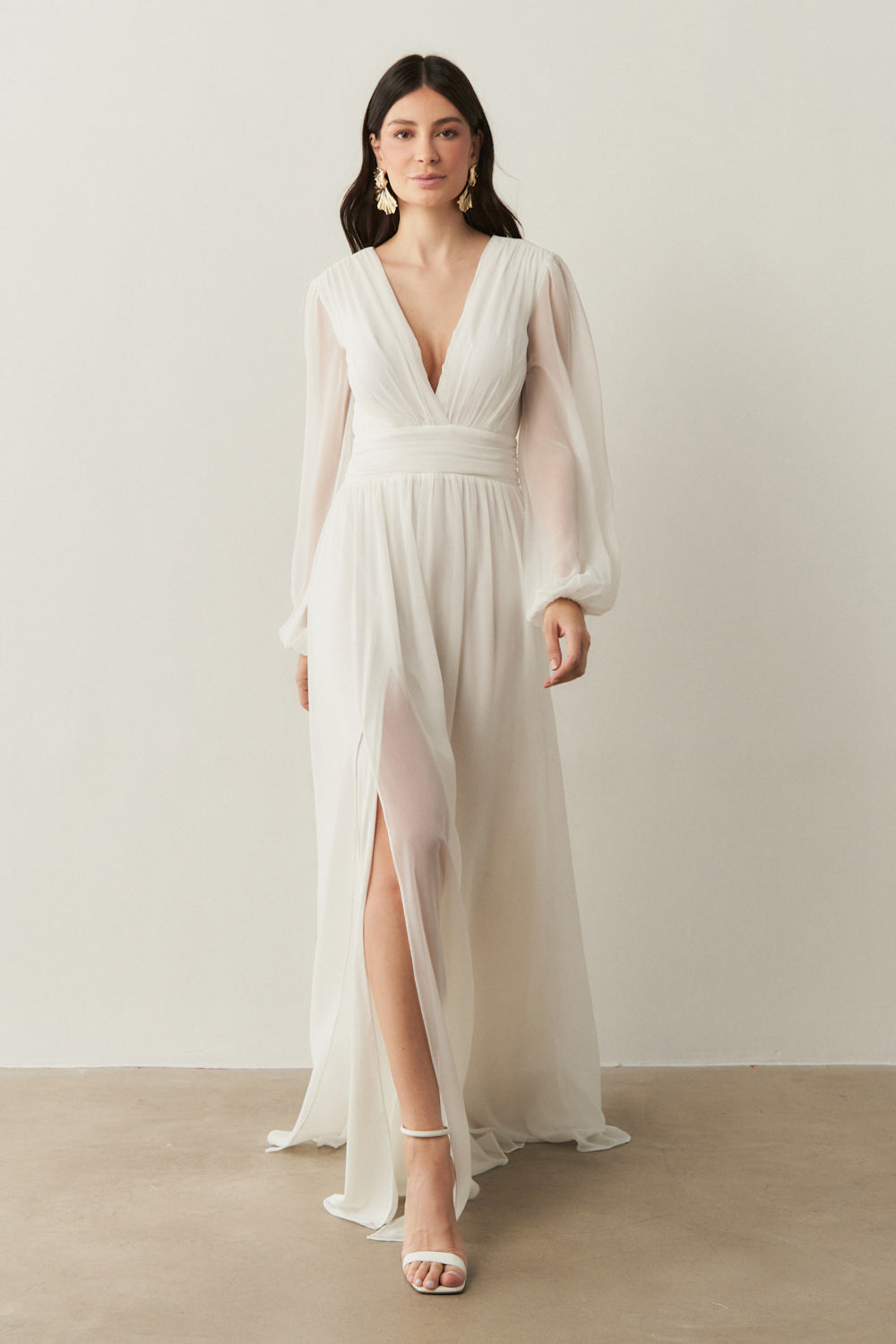 Vestido Longo com Decote V, Manga Longa e Fenda Lateral - Fabíola II Off White