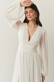 Vestido Longo com Decote V, Manga Longa e Fenda Lateral - Fabíola II Off White