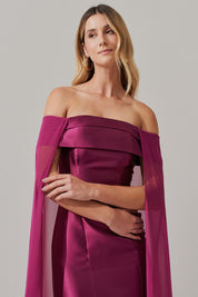 Vestido Longo Ombro a Ombro, Shape Sereia com  Capa -  Islândia Fúcsia