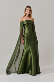Vestido Longo Ombro a Ombro, Shape Sereia com  Capa -  Islândia Oliva
