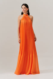 Vestido Longo Plissado Frente Única e Decote nas Costas  - Italia Coral