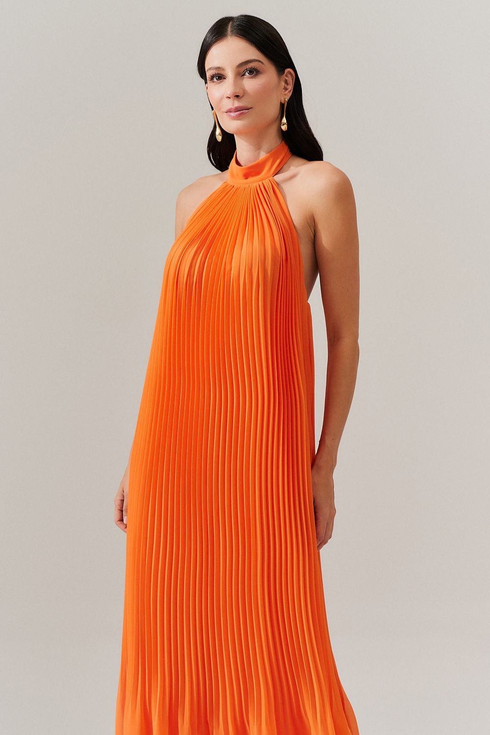 Vestido Longo Plissado Frente Única e Decote nas Costas  - Italia Coral