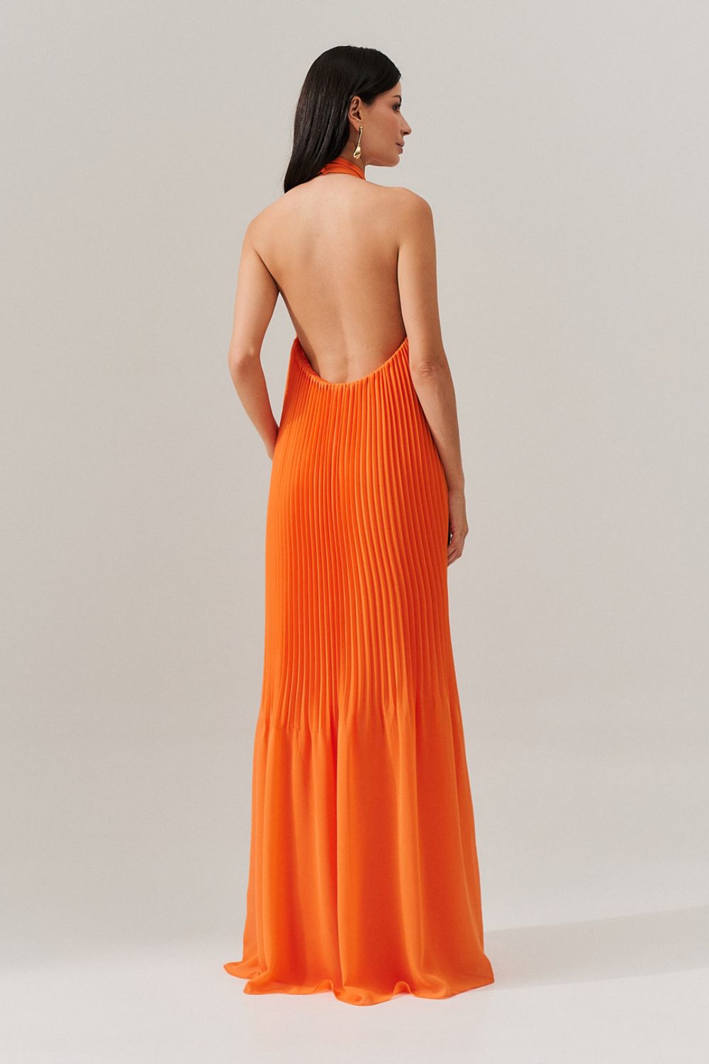 Vestido Longo Plissado Frente Única e Decote nas Costas  - Italia Coral