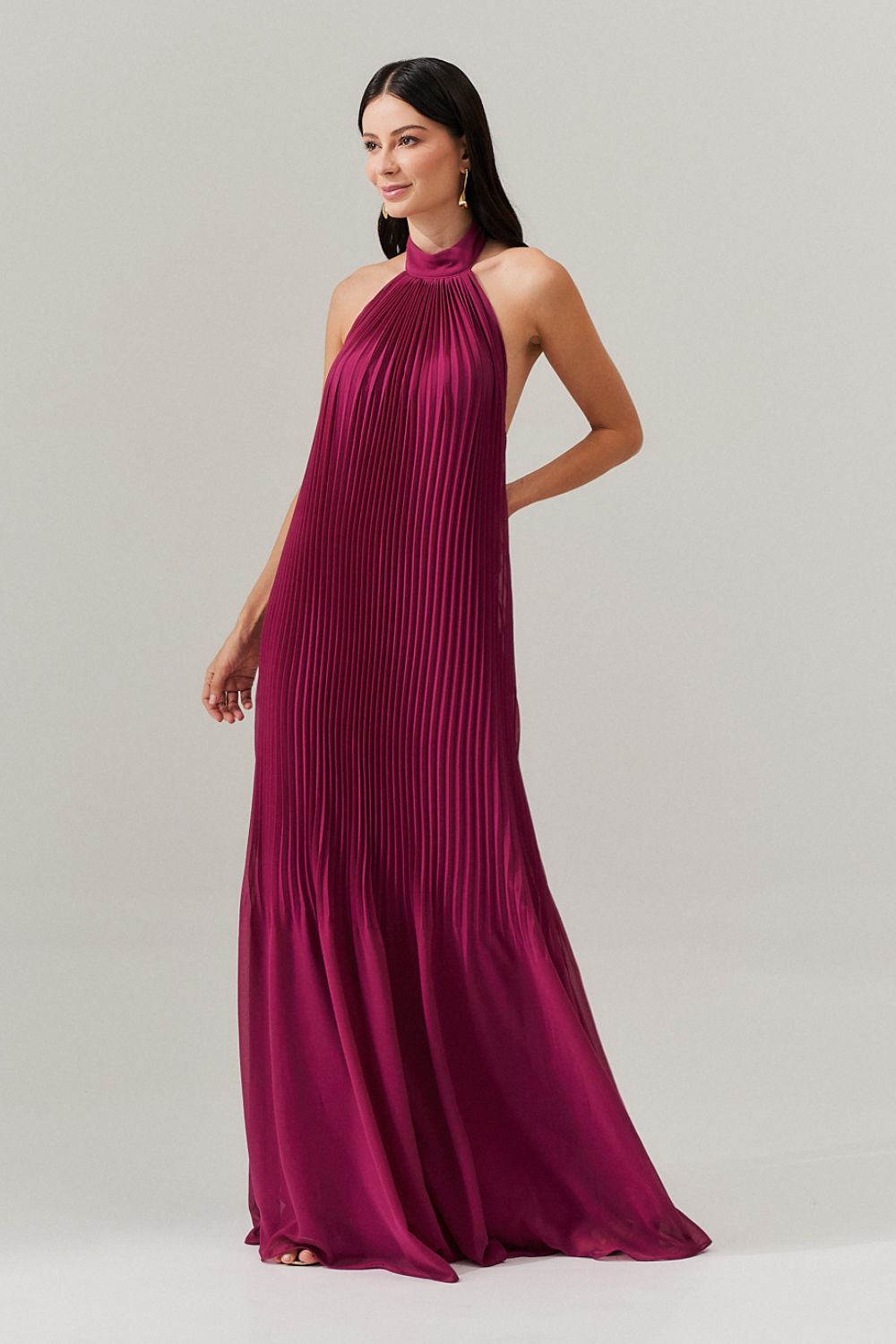 Vestido Longo Plissado Frente Única e Decote nas Costas  - Italia Fúcsia